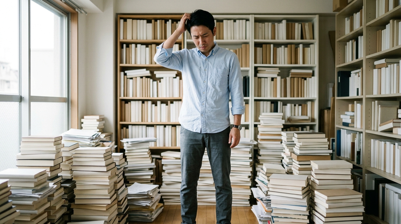 溢れる本棚と床に積まれた本の山を前に悩む40代ビジネスマン