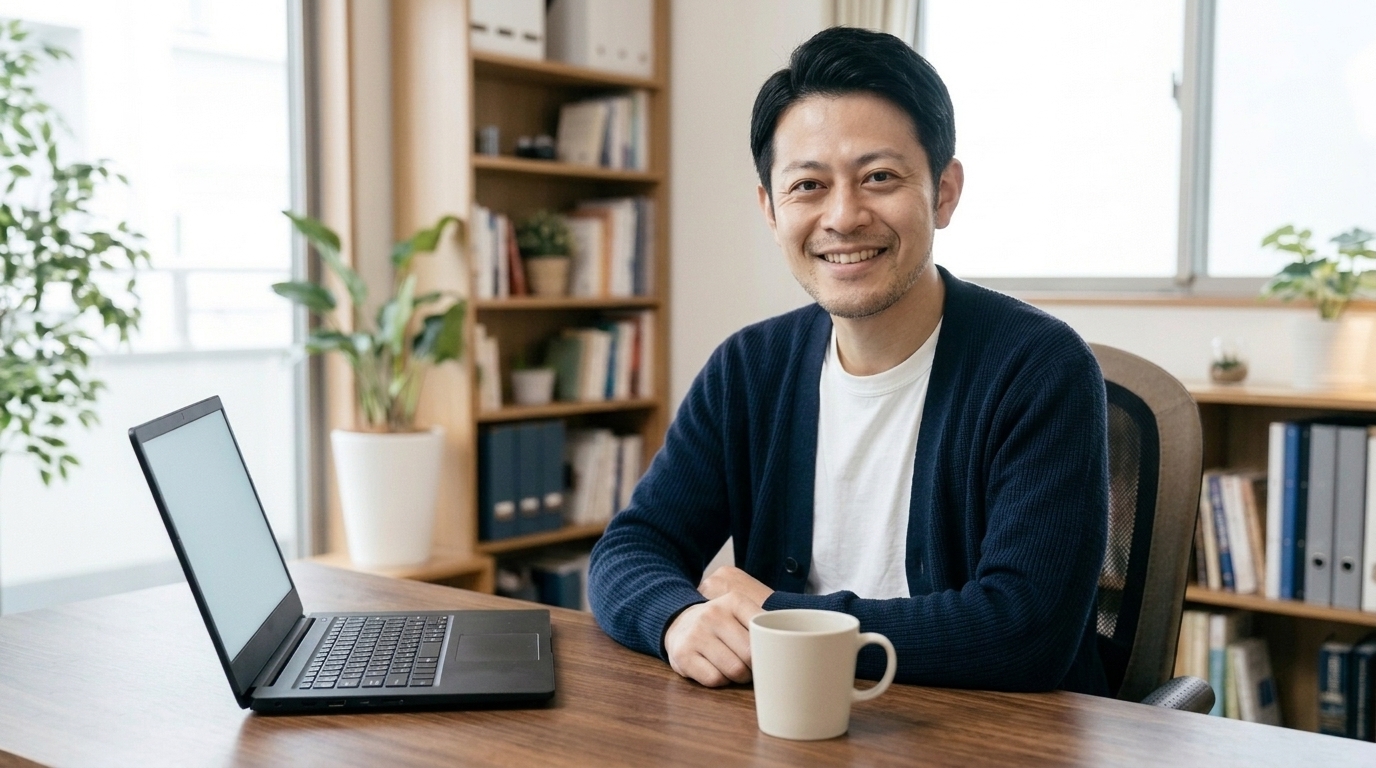 ビジネスデビットカードとクラウド会計ソフトの連携で経理が片付き明るい書斎デスクで笑顔を見せる30代日本人男性