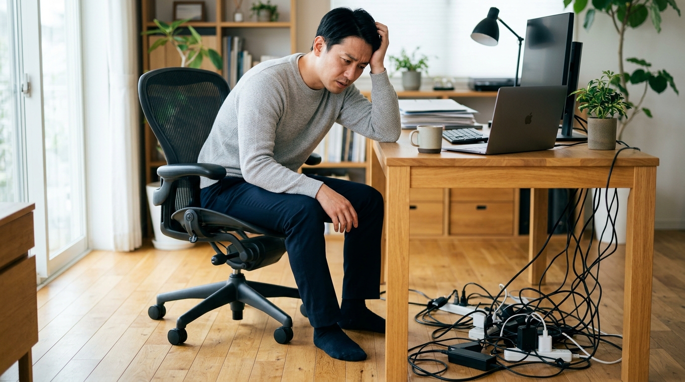 足元で絡まり合う配線に頭を抱える日本人男性