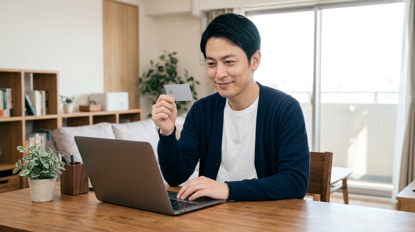 ビジネスカードとPCのクラウド会計ソフト画面を開き、明細が自動連携されてスムーズに確認している日本人男性