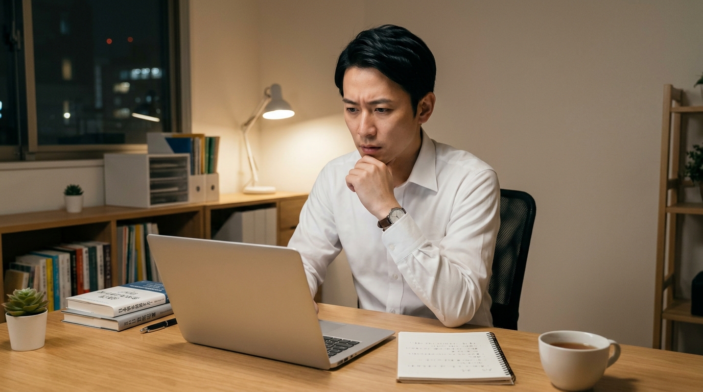 夜のデスクでパソコンとノートを見つめながら将来のキャリアや年収の頭打ちに悩む30代後半の日本人男性会社員