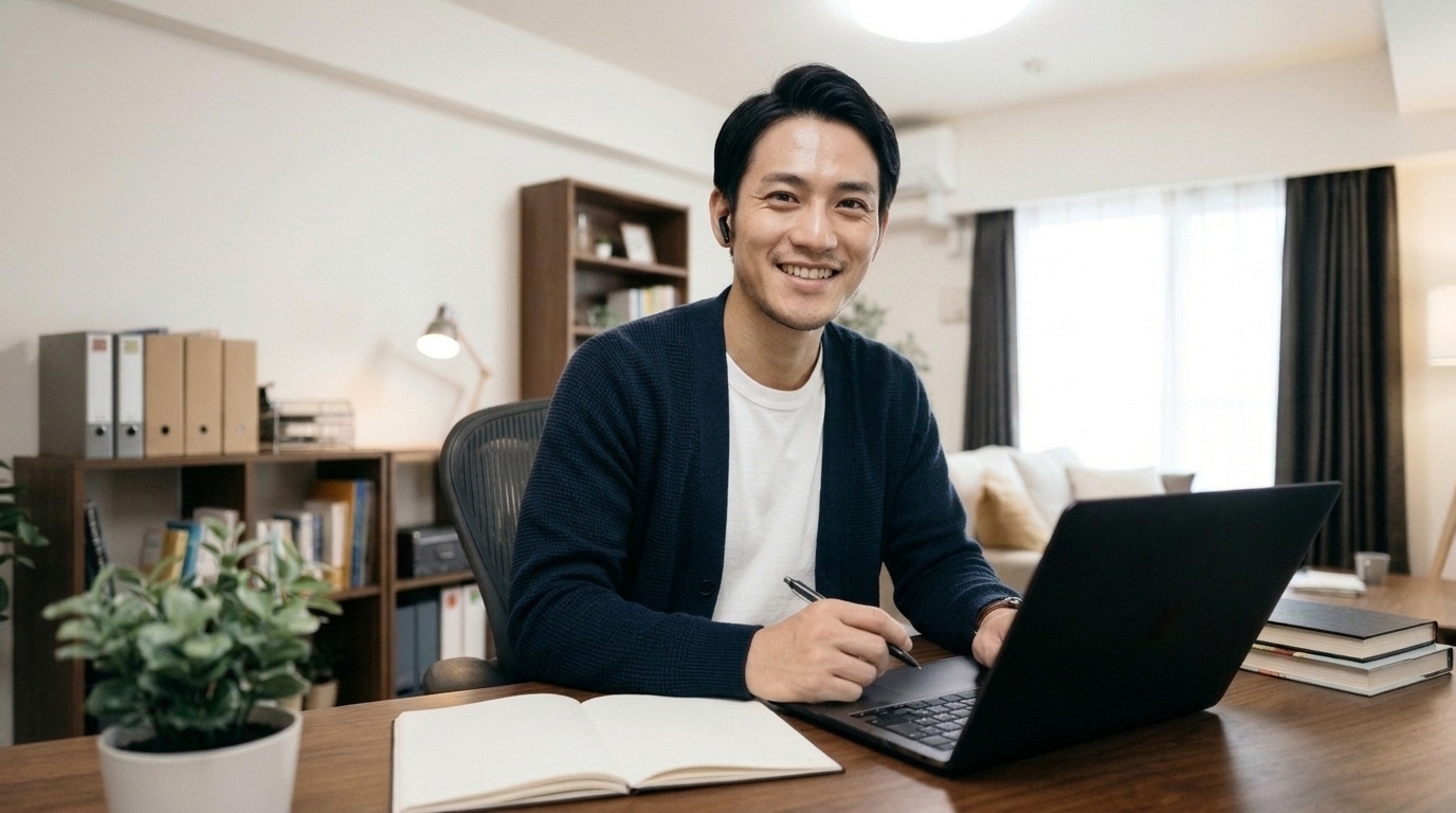 自分の強みとキャリアの方向性が明確になり晴れやかな笑顔で前向きに仕事に取り組む30代日本人会社員
