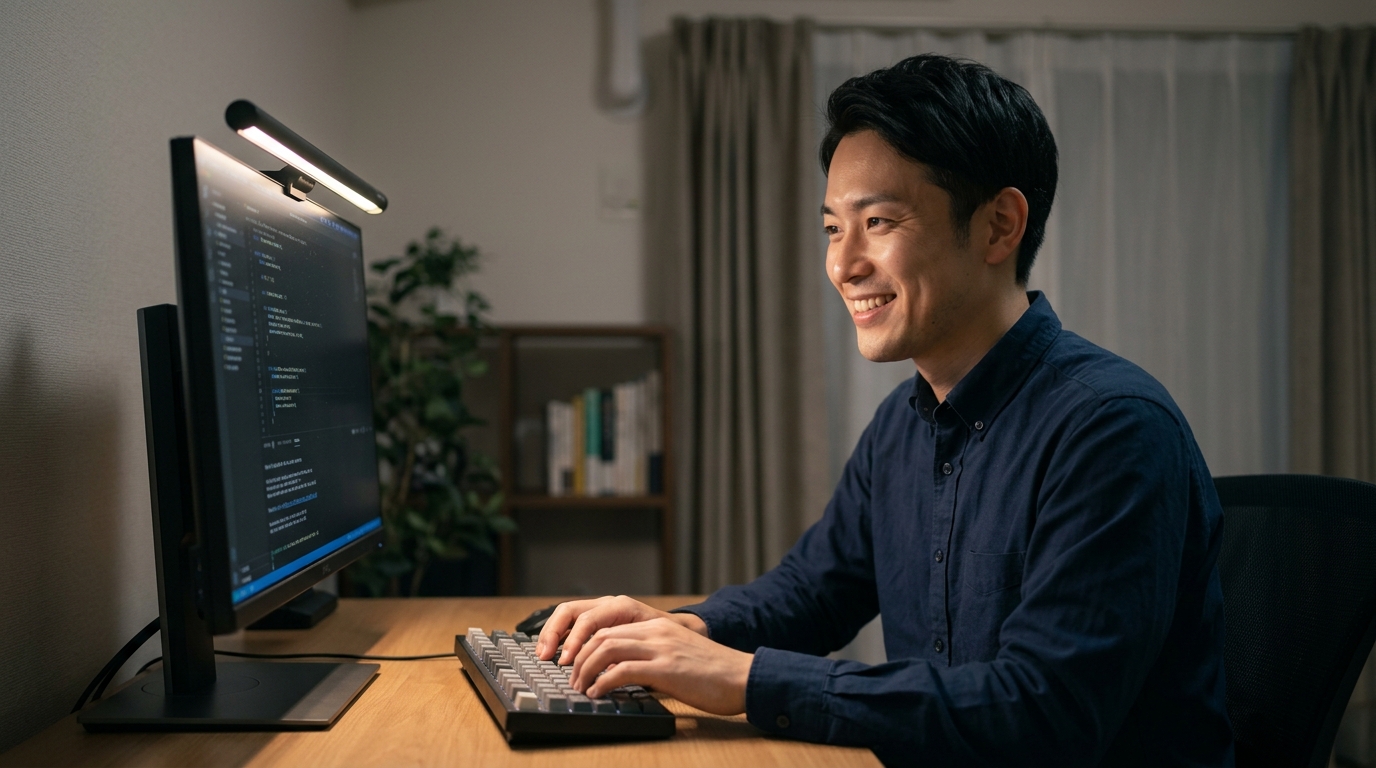 モニターライトを導入して夜間でも快適にPC作業を進める様子