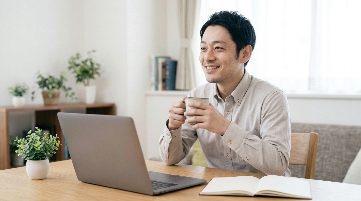 自宅の快適なデスクで笑顔でフルリモート勤務をする男性