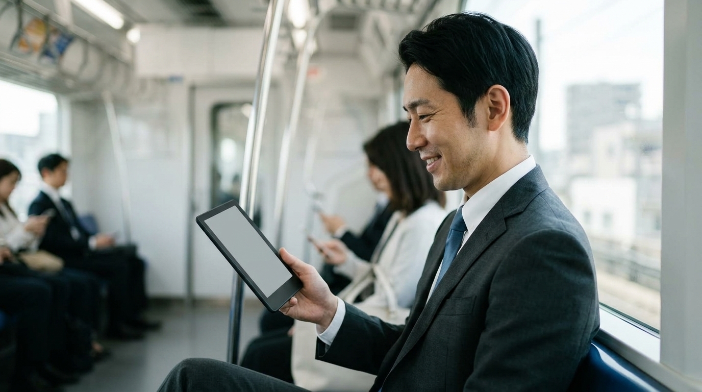 通勤電車で片手持ちの薄型電子書籍リーダーを使って快適に読書するサラリーマン