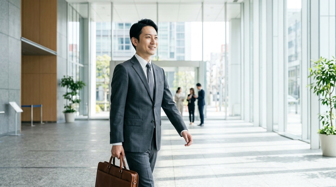 明るいオフィスビルのロビーを爽やかな笑顔で歩くジャケット姿の30代後半の日本人男性会社員