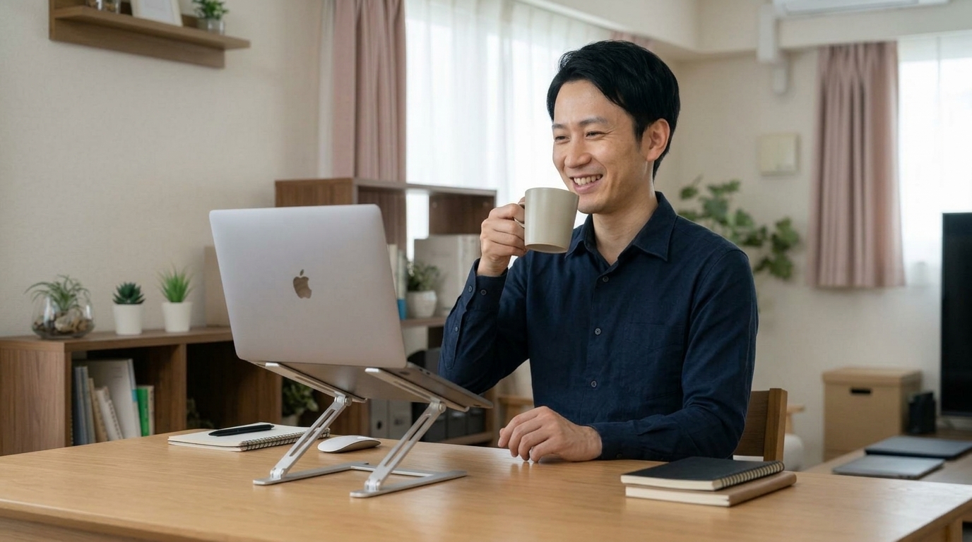 作業を終えて首や肩の疲れから解放され笑顔を見せる様子