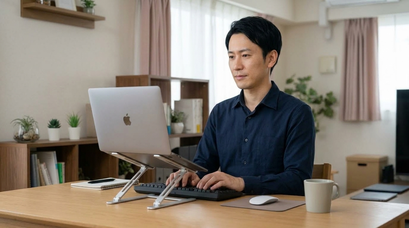 スタンドを活用して背筋を伸ばし快適にタイピングする様子
