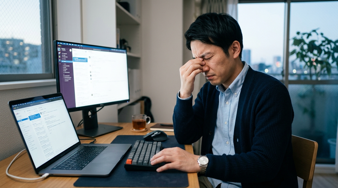 夕方のデスクワークで眼精疲労に悩む会社員