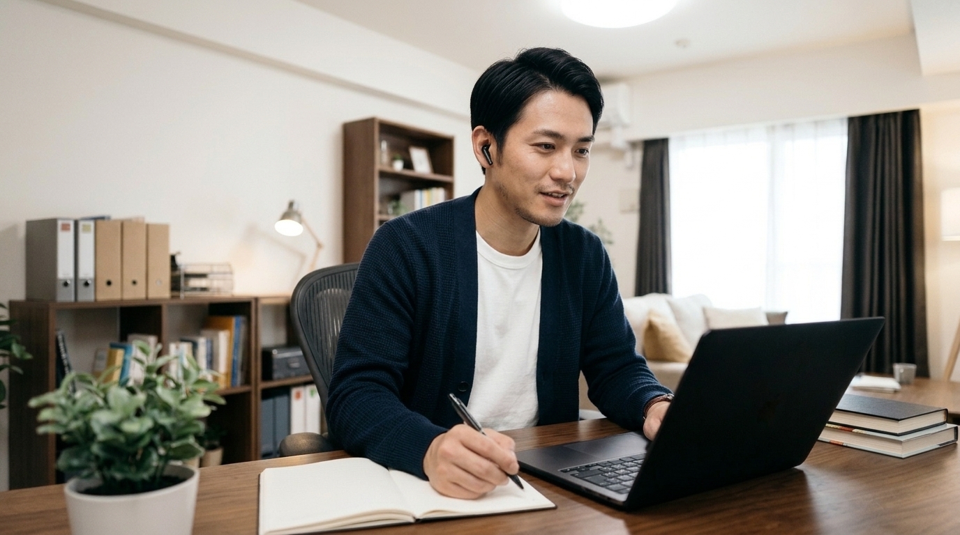 休日の明るいリビングでノートPCを使ってプロのキャリアコーチとオンライン無料面談を受けメモを取る30代日本人会社員