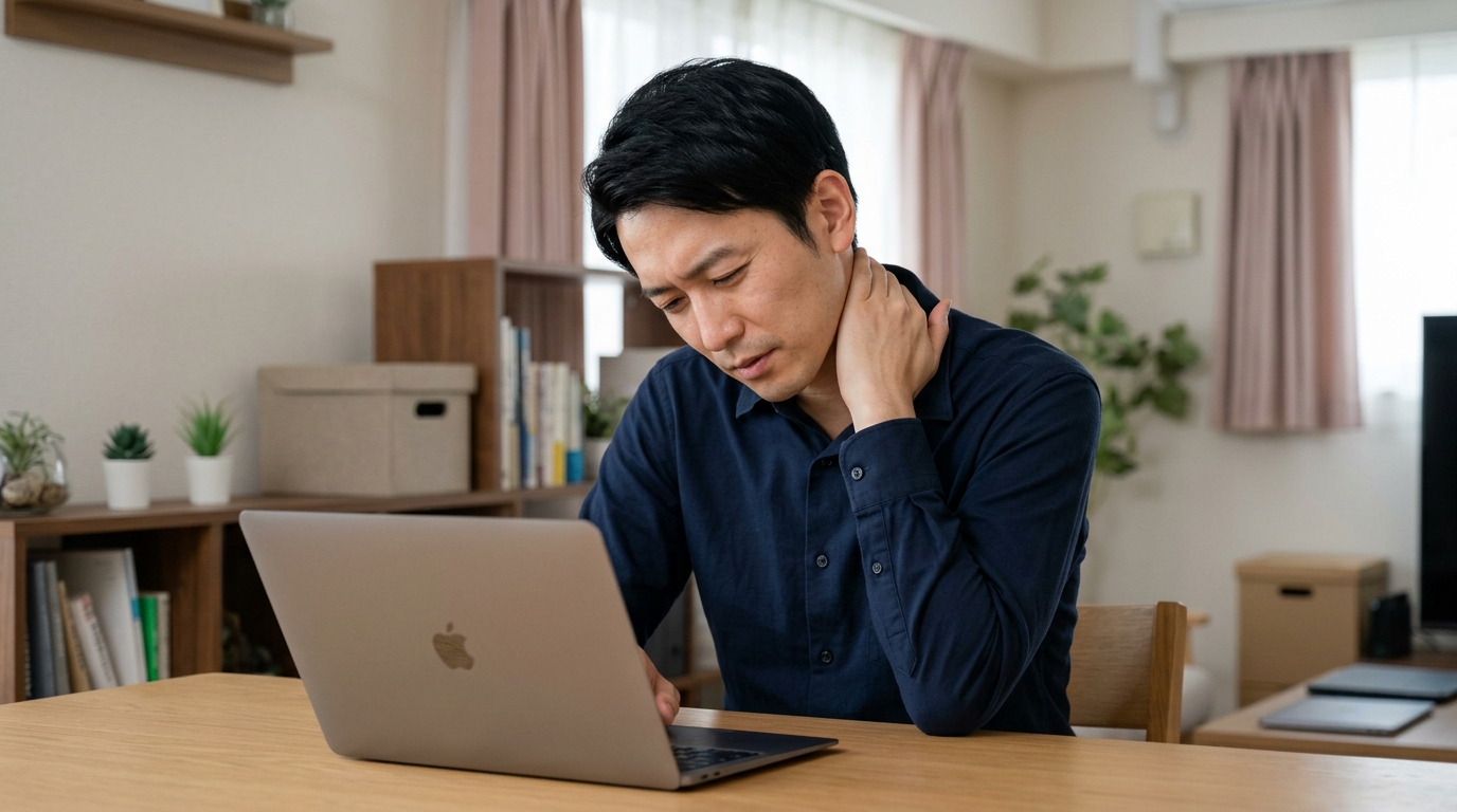 ノートPC作業で猫背と首こりに悩むデスクワーカー