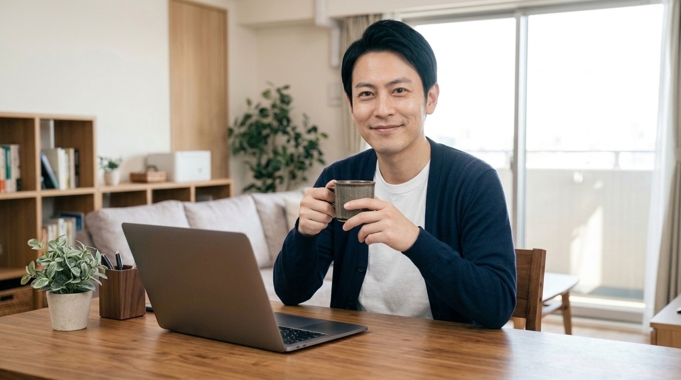 帳簿付けが短時間で終わり、整理されたデスクでコーヒーを飲みながら余裕のある笑顔を見せる日本人男性