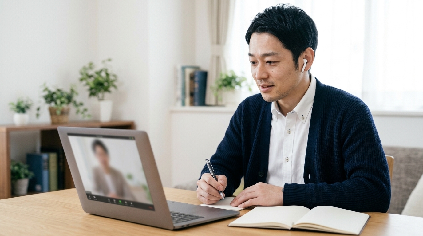 自宅のデスクでノートPCを使ってオンラインでキャリア面談を受ける男性