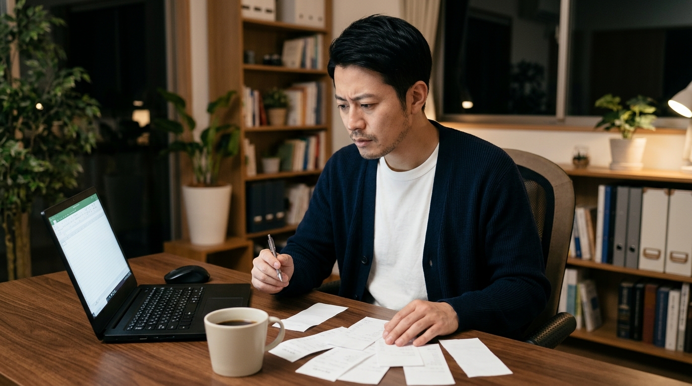 夜に自宅デスクでノートパソコンと領収書を見ながら生活費と副業経費の仕分けに悩む30代日本人男性会社員
