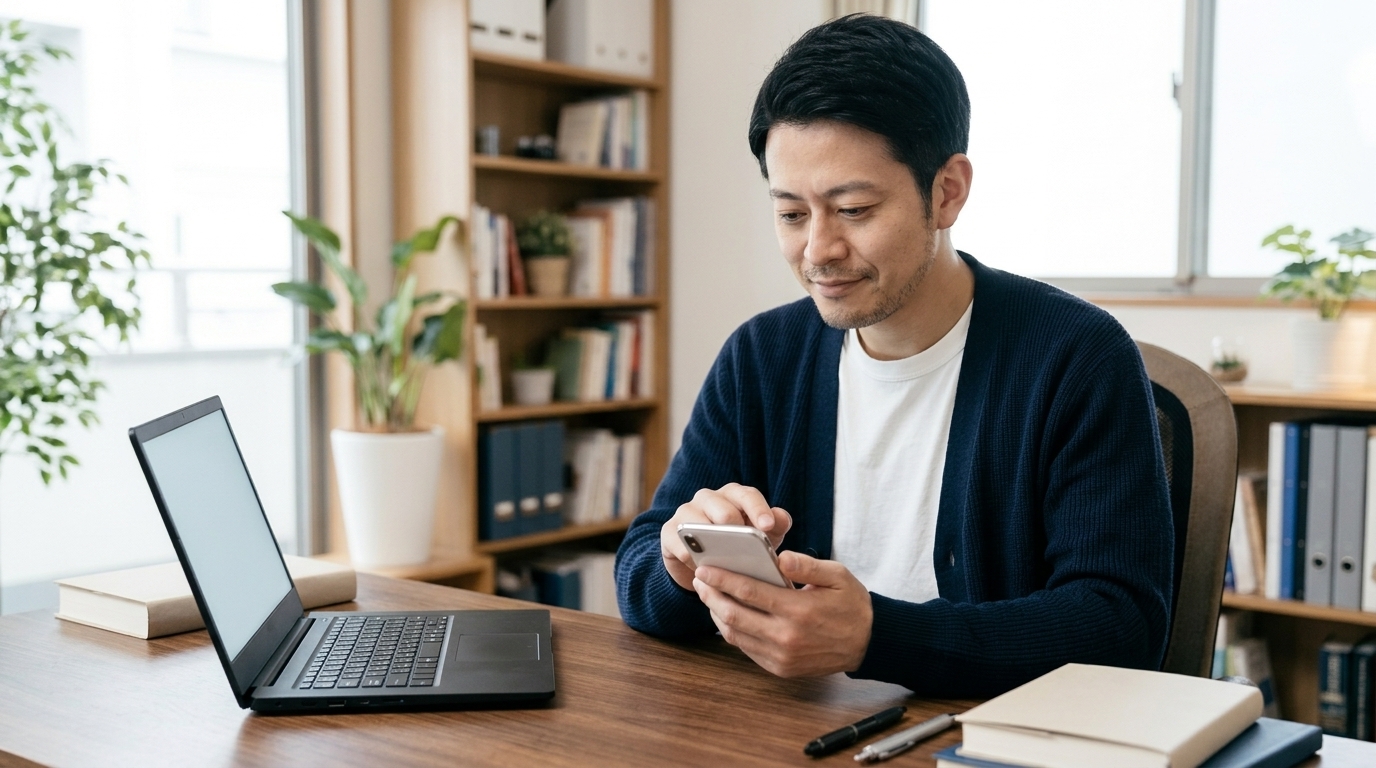自宅のデスクでスマートフォンとノートパソコンを使ってオンラインで法人口座の申し込みを行う30代日本人男性